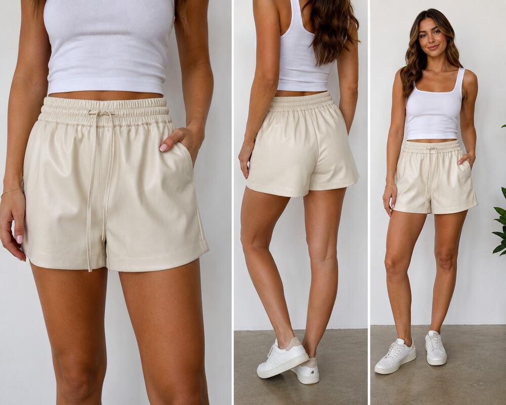 Good American x EVEREVE Better Than Leather Faux Leather Shorts Bone Size 4 NWT